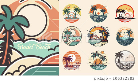 Summer beach island with palm trees in the ocean. Vector emblem of travel, holiday, resort. Vector Logo collection Summer beach island with palm trees in the ocean. Vector emblem of travel, holiday, resort. Vector Logo collection 106322582