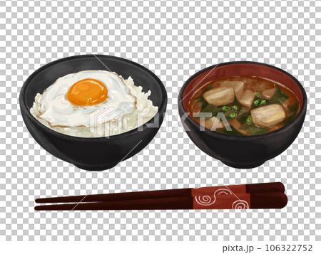 Hand-drawn illustration of fried egg rice and hot miso soup Hand-drawn illustration of fried egg rice and hot miso soup 106322752