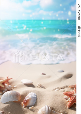 Landscape with seashells on tropical beach - summer holiday Landscape with seashells on tropical beach - summer holiday 106323152
