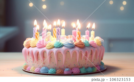 Colorful birthday cake with sprinkles and candles pink colors Colorful birthday cake with sprinkles and candles pink colors 106323153