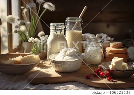 Variety of French delicacies on wooden table. Fresh dairy products Variety of French delicacies on wooden table. Fresh dairy products 106323532