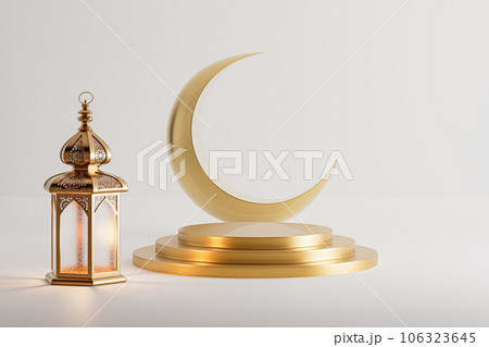 3d illustration of isolated Islamic background with ramadan lantern, crescent and golden pedestal 106323645