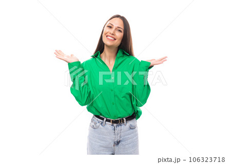 young european brunette woman with brown eyes in green blouse isolated on white background with copy 106323718