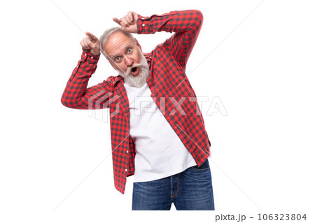 cute cheerful 60s elderly man with a gray beard with a grimace cute cheerful 60s elderly man with a gray beard with a grimace 106323804