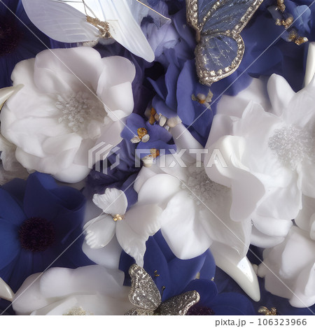 Flower illustration seamless butterfly abstract pattern. floral random background blue white colour. modern design decoration 106323966