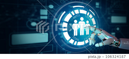 Ai Robot hand pointing HR Futuristic. Artificial intelligence with Human Resources, HR management, Recruitment, Employment, Headhunting, Human social network, and Leadership Concept. Ai Robot hand pointing HR Futuristic. Artificial intelligence with Human Resources, HR management, Recruitment, Employment, Headhunting, Human social network, and Leadership Concept. 106324187