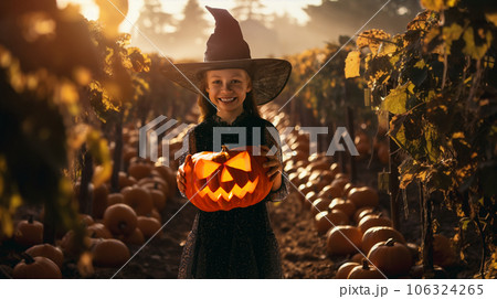girl with orange Halloween pumpkins in the field 106324265