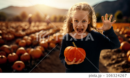 girl with orange Halloween pumpkins in the field 106324267