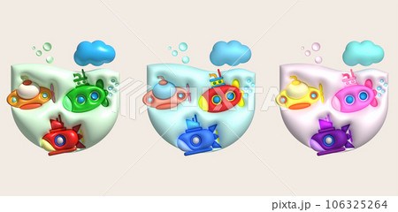 3D illustration Submarine undersea with bubble.Kids toys minimal style. 106325264