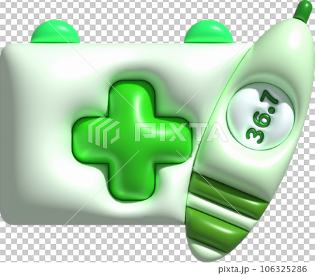 3D icon.Fever temperature measuring device and medicine bag 3D icon.Fever temperature measuring device and medicine bag 106325286