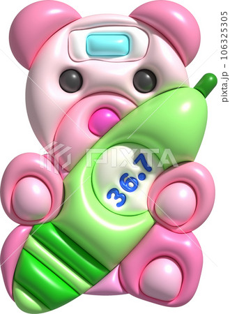 3D icon.Fever temperature measuring device and a teddy bear and a fever reducer on the forehead 106325305