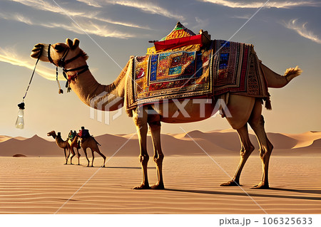 a graphic design of a camel caravan in the desert 106325633