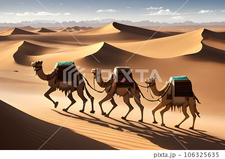 a graphic design of a camel caravan in the desert a graphic design of a camel caravan in the desert 106325635
