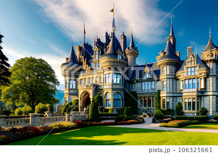 the centerpiece of the artwork is a majestic castle standing tall 106325661