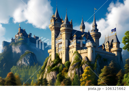 the centerpiece of the artwork is a majestic castle standing tall 106325662