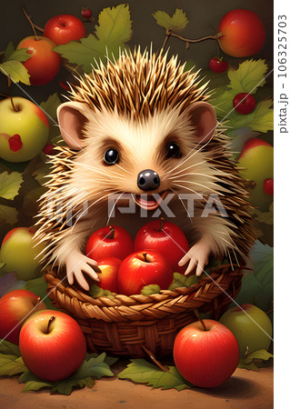 the introduced to an adorable hedgehog with apple 106325703