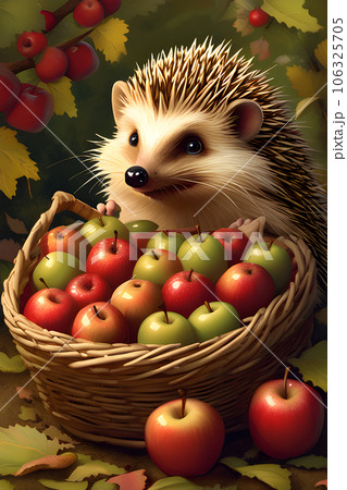 the introduced to an adorable hedgehog with apple 106325705