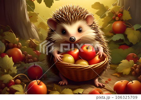 the introduced to an adorable hedgehog with apple 106325709
