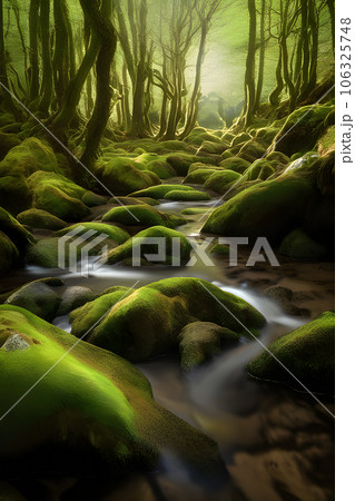 green moss covering Beautiful pine and fir forest 106325748