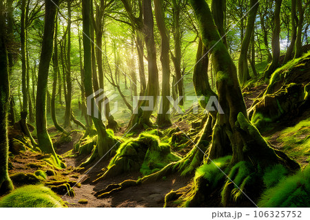 green moss covering Beautiful pine and fir forest 106325752