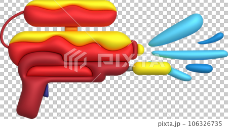3d icon.Water gun illustration. Plastic summer toy. Colorful design for children. Gun with water splash. 106326735