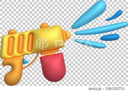 3d icon.Water gun illustration. Plastic summer toy. Colorful design for children. Gun with water splash. 106326751