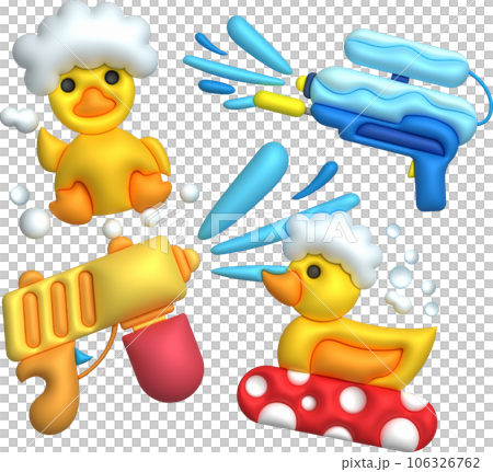 3d icon.Water gun illustration. Plastic summer toy. Colorful design for children. Gun with water splash. 106326762