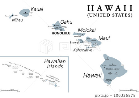 Hawaiian Islands, gray political map. Archipelago of 8 major volcanic islands, several atolls and numerous smaller islets in the North Pacific Ocean, extending from Island of Hawaii to the Kure atoll. 106326878