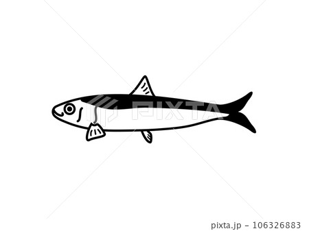 イワシのシンプルなモノクロアイコン。線画のデフォルメイラスト。DHAやEPAなどの栄養が豊富です。 イワシのシンプルなモノクロアイコン。線画のデフォルメイラスト。DHAやEPAなどの栄養が豊富です。 106326883