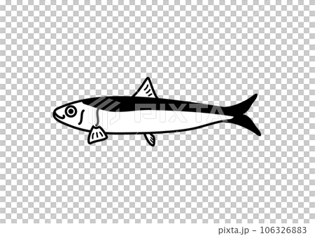 イワシのシンプルなモノクロアイコン。線画のデフォルメイラスト。DHAやEPAなどの栄養が豊富です。 イワシのシンプルなモノクロアイコン。線画のデフォルメイラスト。DHAやEPAなどの栄養が豊富です。 106326883