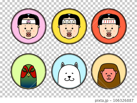 Momotaro, Garlic Taro, and Spicy Taro. Domestic dog, monkey and pheasant icon set. Momotaro, Garlic Taro, and Spicy Taro. Domestic dog, monkey and pheasant icon set. 106326887