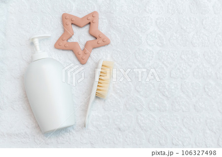 Baby items organized on white, top perspective with room Baby items organized on white, top perspective with room 106327498