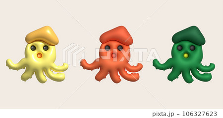 3D illustration Cute underwater animals squid and octopus. minimal style. 106327623
