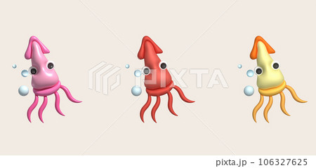3D illustration Cute underwater animals squid and octopus. minimal style. 3D illustration Cute underwater animals squid and octopus. minimal style. 106327625