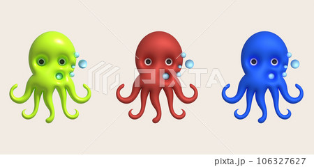 3D illustration Cute underwater animals squid and octopus. minimal style. 106327627