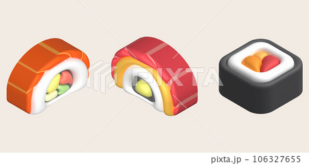 3d icon. Asian cuisine. Set of sushi rice on top of salmon with vegetable stuffing. Sushi wrapped in seaweed minimalist style icon 106327655