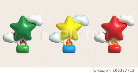 3d icon. Traveling with a star shaped hot air balloon flying gas and clouds. Minimal style icon. 3d icon. Traveling with a star shaped hot air balloon flying gas and clouds. Minimal style icon. 106327712
