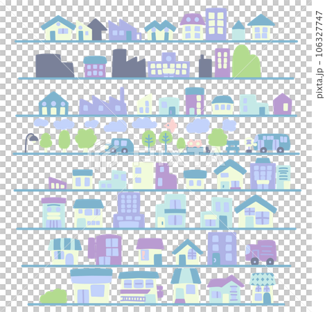 簡單變形可愛城市景觀彩色插畫套裝冷色系 106327747