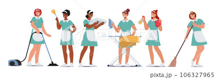 Maid Service, Female Characters Provide Efficient Cleaning Solutions. Women Equipped With Cleaning Tools 106327965