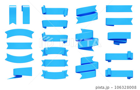 Blue ribbon banner 3d render set. Text box in form of glossy curled and rolled tape for sale or discount promotion sign. Title frame design element for advertising or promo message. Blue ribbon banner 3d render set. Text box in form of glossy curled and rolled tape for sale or discount promotion sign. Title frame design element for advertising or promo message. 106328008