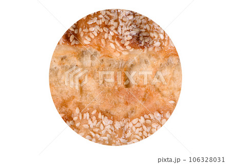 Crispy wheat flour baguette with sesame seeds on a wooden cutting board 106328031