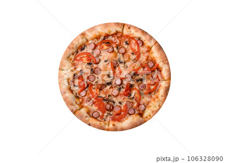 Bavarian pizza with smoked sausages, tomatoes, cheese, salt and spices 106328090