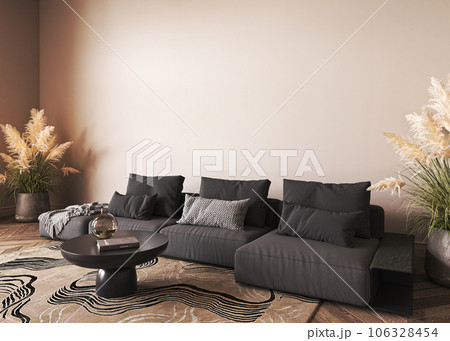 Japanese boho beige interior with lounge black sofa, dry flower in vase and plant background. Light modern australian livingroom. 3d rendering mockup. High quality 3d illustration Japanese boho beige interior with lounge black sofa, dry flower in vase and plant background. Light modern australian livingroom. 3d rendering mockup. High quality 3d illustration 106328454