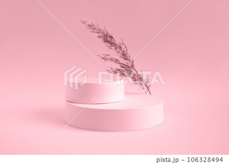 Podium for cosmetic product presentation. Abstract minimal geometrical form. Cylinder sphere geometric forms. Scene to show products. Showcase display Podium for cosmetic product presentation. Abstract minimal geometrical form. Cylinder sphere geometric forms. Scene to show products. Showcase display 106328494