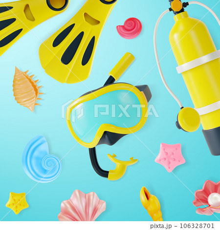 3d Scuba Diving Learn to Dive with Us Concept Background Cartoon Style. Vector illustration of Diving Equipment 106328701