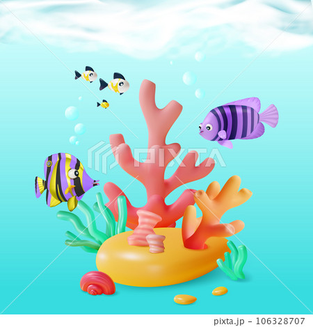 3d Color Underwater World Scene Landscape Concept Cartoon Style Include of Striped Tropical Fish. Vector illustration 106328707