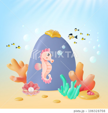 3d Color Underwater World Scene Landscape Concept Cartoon Style Include of Sea Horse Tropical Aquatic Creature. Vector illustration 106328708