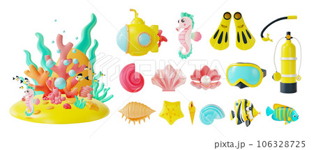 3d Underwater World and Diving Adventure Concept Icon Set Cartoon Style Include of Mollusk Seashells Different Forms Under Water, Yellow Submarine and Sea Horse. Vector illustration 3d Underwater World and Diving Adventure Concept Icon Set Cartoon Style Include of Mollusk Seashells Different Forms Under Water, Yellow Submarine and Sea Horse. Vector illustration 106328725
