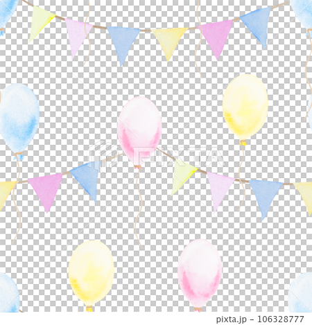 Colorful garland, balloons: pink, yellow, blue. Hand drawn watercolor seamless pattern in children's style. Cute design element for greeting card, invitation. Good for kid's products and print 106328777