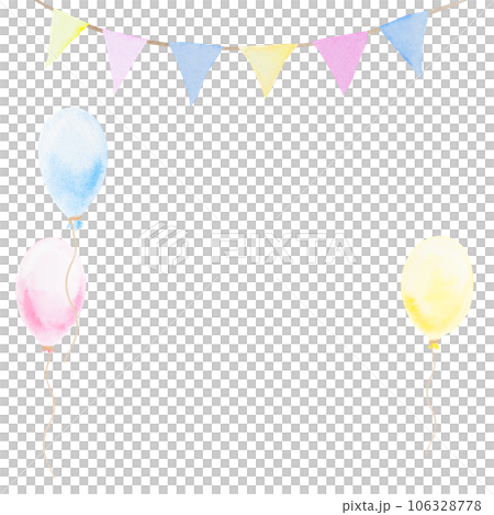 Colorful garland, balloons: pink, yellow, blue. Hand drawn watercolor painting in children's style. Cute design element for greeting card, invitation. Can be used in kid's products and print 106328778